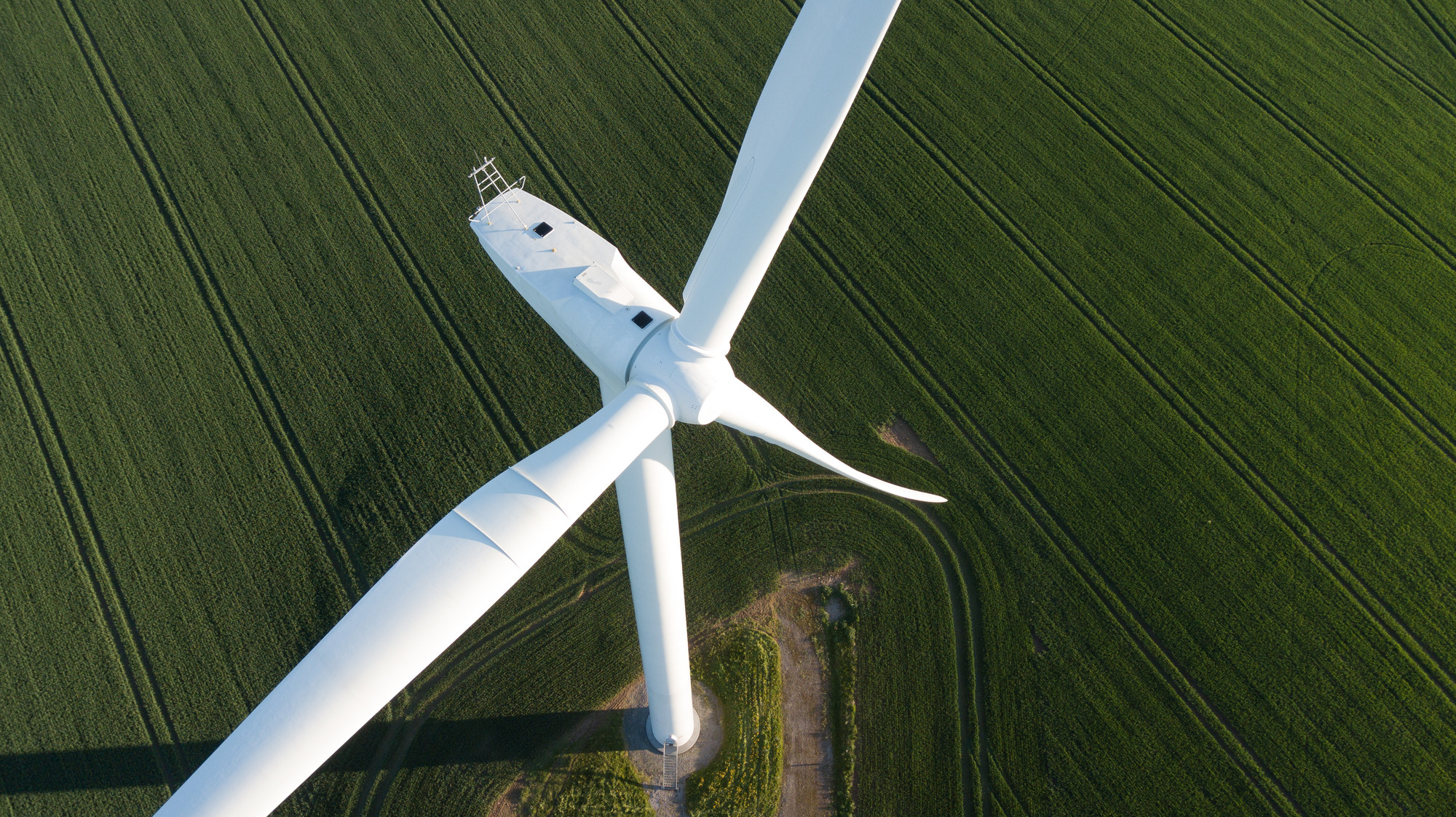Aerial overhead view of a wind turbine