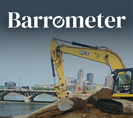 Cover image for the 2025 Levee Resilience issue of Barrometer, Barr's digital publication. Barr is providing detailed design and construction project management to help the City of Des Moines, Iowa, enhance flood resiliency by bringing levee systems into federal compliance.
