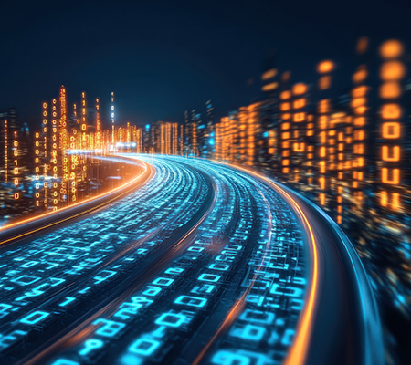 Abstract digital highway with glowing binary code, representing fast data transfer and technological advancement.