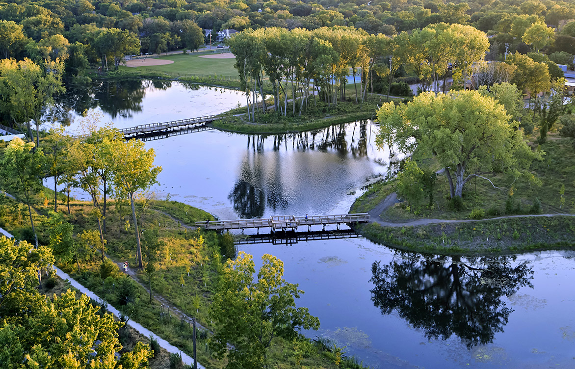An aerial view of the Morningside flood infrastructure project in Edina, Minnesota.