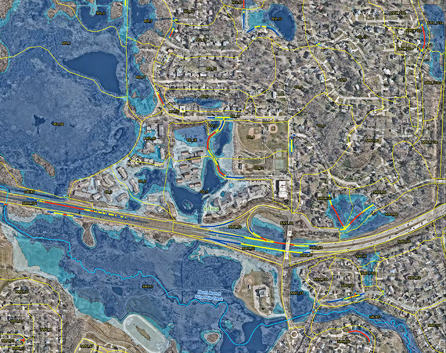 Map showing flood inundation for several recurrence intervals (10-, 100-, and 500-year frequency) and potentially impacted structures and roadways along Nine Mile Creek.