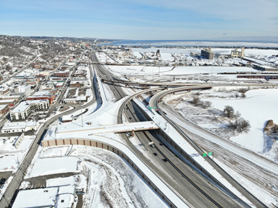 An aerial view of Duluth's Twin Ports Interchange in winter.