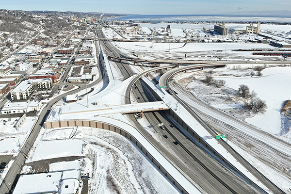 An aerial view of Duluth's Twin Ports Interchange in winter.