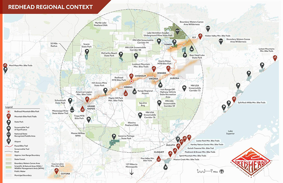 Regional context map illustrating Redhead Mountain Bike Park, nearby parks, and regional trails as they work together to form the backbone of a growing recreation network in the Hibbing and Chisholm area.
