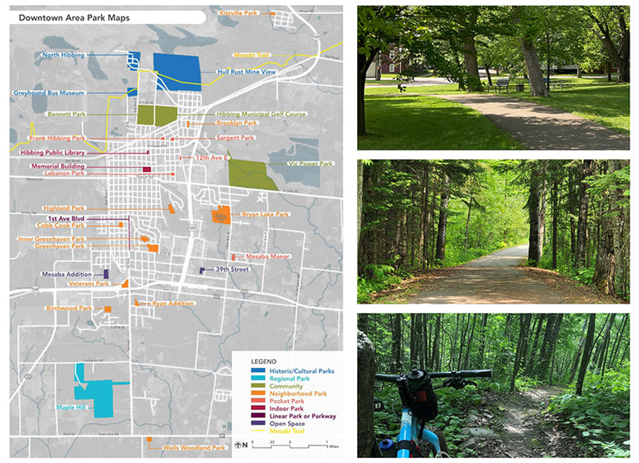 Downtown Area Park Maps sign with a legend of parks throughout Hibbing.