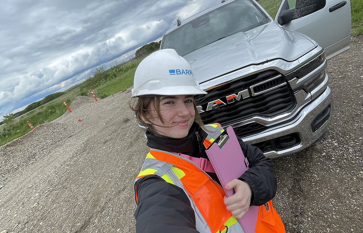 Shaye poses before her first field assignment at a Saskatchewan potash mine.