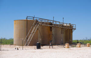 Tank batteries used to store crude oil.
