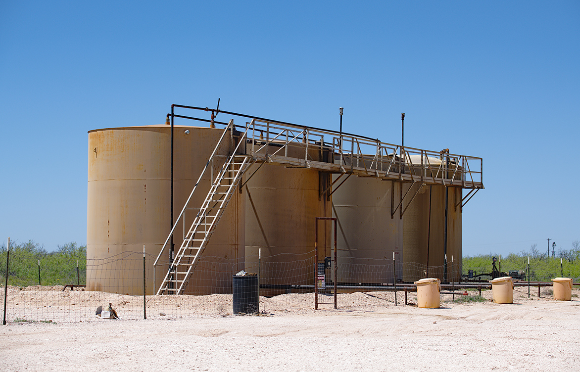 Tank batteries used to store crude oil.