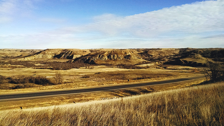 An embankment along Highway 73 in the Missouri River badlands in North Dakota.