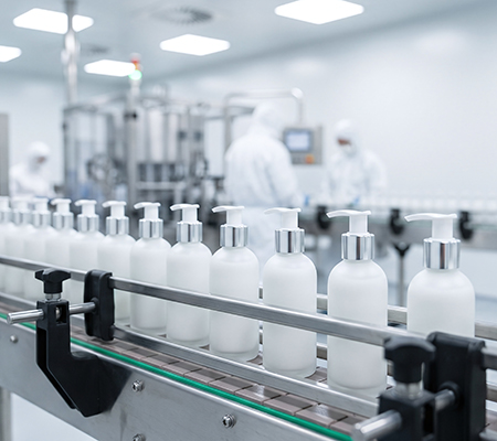 White bottles with pump dispensers move along a clean production line in a factory.