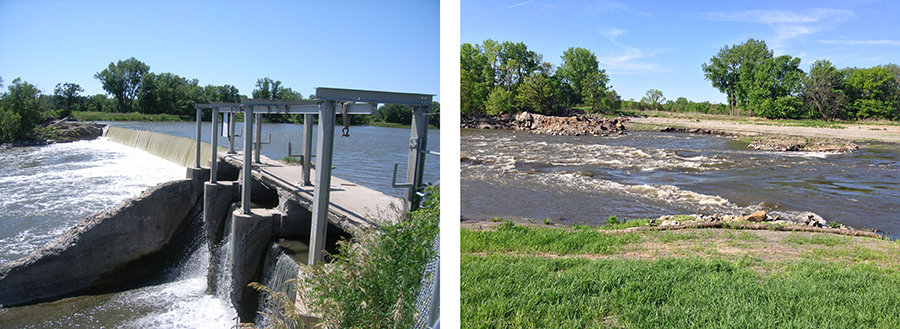 Before-and-after photos of Minnesota Falls. The before photo shows an aging dam at Minnesota Falls. The after photo shows the dam has been removed, reducing long-term maintenance needs while improving river habitat and recreation.