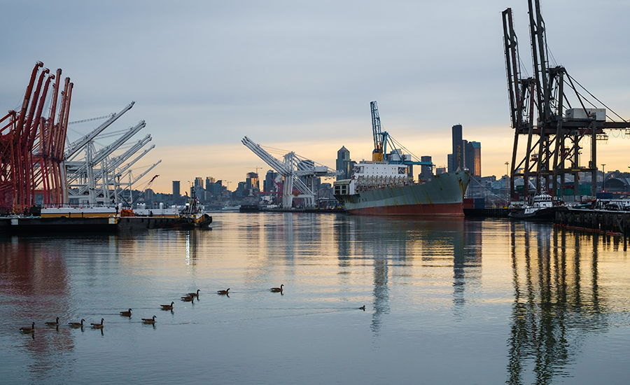 Industrial harbor with cargo ship and cranes.