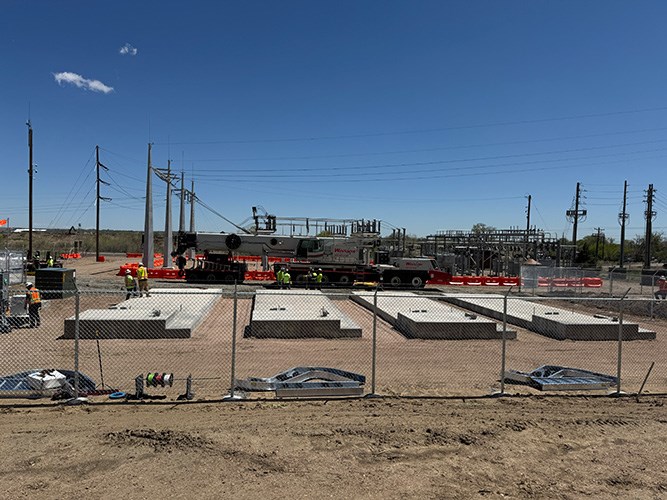 Completed concrete foundations for Tesla Megapack batteries at a substation in Colorado