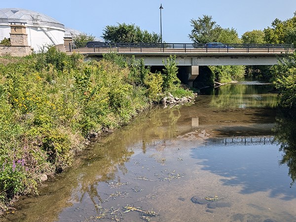 A stream passes under a bridge.