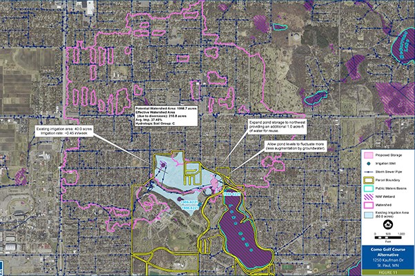 A map depicting graphical representations of proposed stormwater storage and irrigation areas along with public water infrastructure superimposed over an aerial image of an urban area.