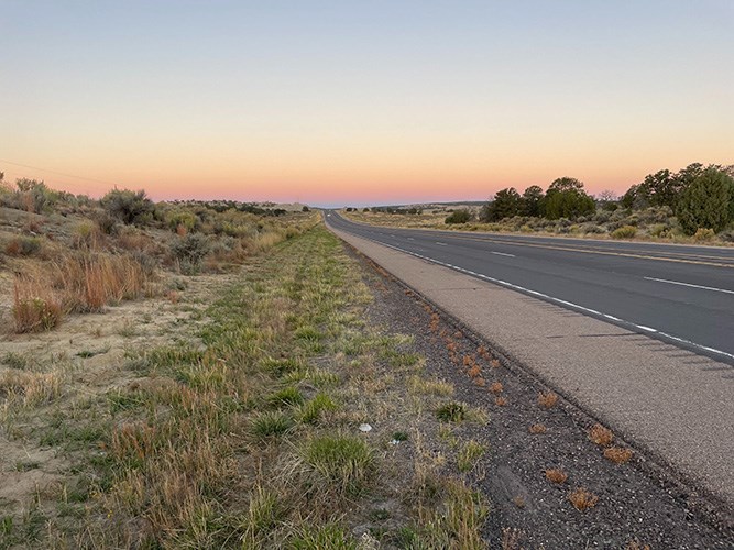 A long, straight highway extending to the horizon in a desert at sunset.