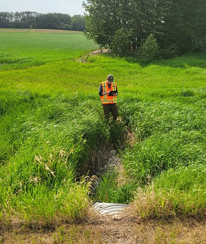 Worker wearing a high-visibility vest takes notes on a clipboard while standing in front of a culvert  in a grassy field.