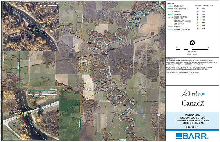 A map depicting an aerial image of a river with colored dots showing the locations of field data.