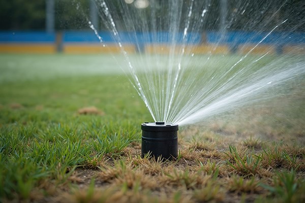 Automatic sprinkler waters dry grass on sports field